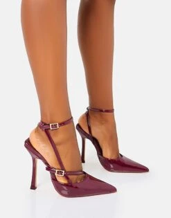 Public Desire Idol Patent Buckle Strappy Detail Stiletto Pointed To Court High Heels In Burgundy Patent For Women