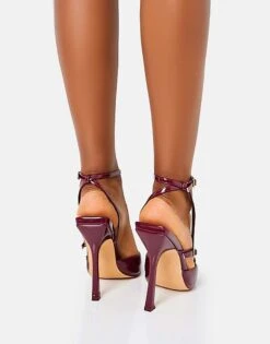 Public Desire Idol Patent Buckle Strappy Detail Stiletto Pointed To Court High Heels In Burgundy Patent For Women -Desirelic Store 208166418 4