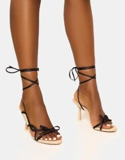 Public Desire Heroine Cream And Bow Detailing Lace Up Mid Heels In Cream Black For Women -Desirelic Store 208166478 1 creamblack 1