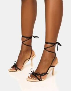 Public Desire Heroine Cream And Bow Detailing Lace Up Mid Heels In Cream Black For Women -Desirelic Store 208166478 3