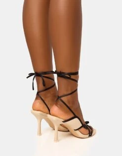 Public Desire Heroine Cream And Bow Detailing Lace Up Mid Heels In Cream Black For Women -Desirelic Store 208166478 4