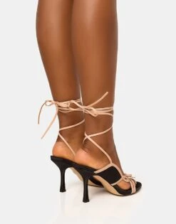 Public Desire Heroine And Bow Detailing Lace Up Mid Heels In Black Nude For Women -Desirelic Store 208166498 3