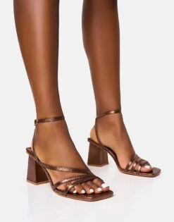 Public Desire Robin Strappy Mid Block Heel In Bronze For Women -Desirelic Store 208166564 1 bronze 1