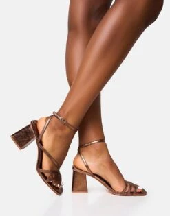 Public Desire Robin Strappy Mid Block Heel In Bronze For Women -Desirelic Store 208166564 2