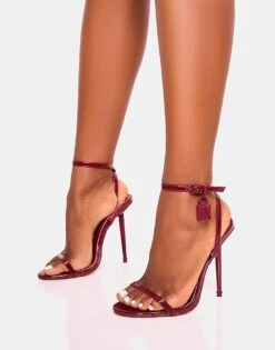 Public Desire Ti Amo Pu Padlock Detail Barely There Pointed Toe Stiletto Heels In Burgundy For Women -Desirelic Store 208166935 3