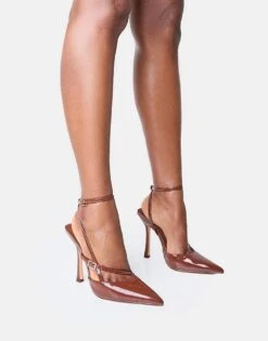 Public Desire Idol Patent Buckle Strappy Detail Stiletto Pointed Toecourt High Heels In Chocolate For Women -Desirelic Store 208167056 1 chocolate 1