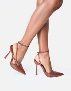 Public Desire Idol Patent Buckle Strappy Detail Stiletto Pointed Toecourt High Heels In Chocolate For Women -Desirelic Store 208167056 2