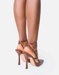 Public Desire Idol Patent Buckle Strappy Detail Stiletto Pointed Toecourt High Heels In Chocolate For Women -Desirelic Store 208167056 3