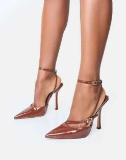 Public Desire Idol Patent Buckle Strappy Detail Stiletto Pointed Toecourt High Heels In Chocolate For Women -Desirelic Store 208167056 4