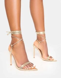 Public Desire Merlot Metallic Lace Up Wrap Around Pointed Toe Stiletto Heels In Gold For Women -Desirelic Store 208167104 1 gold 1