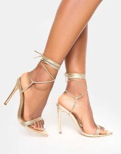 Public Desire Merlot Metallic Lace Up Wrap Around Pointed Toe Stiletto Heels In Gold For Women -Desirelic Store 208167104 2