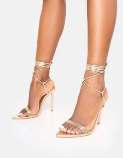 Public Desire Merlot Metallic Lace Up Wrap Around Pointed Toe Stiletto Heels In Gold For Women -Desirelic Store 208167104 3