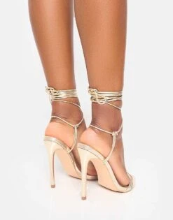 Public Desire Merlot Metallic Lace Up Wrap Around Pointed Toe Stiletto Heels In Gold For Women -Desirelic Store 208167104 4
