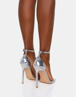 Public Desire Chaos Square Toe Strappy Barely There Stiletto Heel In Metallic Silver For Women -Desirelic Store 208515679 3