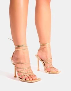 Public Desire Delphini Extreme Lace Up Square Toe Heels In Gold For Women -Desirelic Store 208515815 1 gold 1