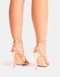 Public Desire Delphini Extreme Lace Up Square Toe Heels In Gold For Women -Desirelic Store 208515815 2