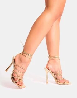 Public Desire Delphini Extreme Lace Up Square Toe Heels In Gold For Women -Desirelic Store 208515815 3