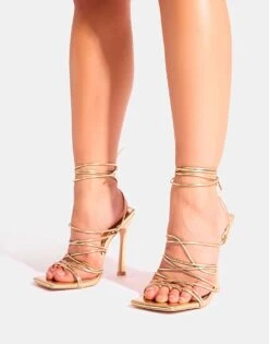 Public Desire Delphini Extreme Lace Up Square Toe Heels In Gold For Women -Desirelic Store 208515815 4