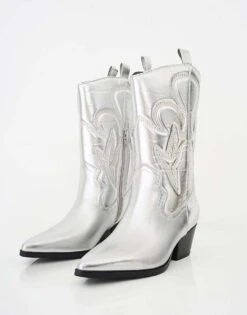 Public Desire Calabasas Western Embroideknee High Pointed Toe Cowboy Boots In Silver For Women -Desirelic Store 208515878 3