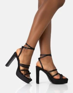 Public Desire Viola Satin Strappy Square Toe Platform Flat Block Heels In Black Satin For Women -Desirelic Store 208515939 1 blacksatin 1