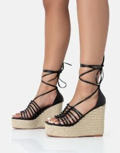 Public Desire Reece Pu Knot Strap Lace Up Raffia Wedge Heels In Black Pu For Women -Desirelic Store 208516025 1 blackpu 1