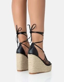 Public Desire Reece Pu Knot Strap Lace Up Raffia Wedge Heels In Black Pu For Women -Desirelic Store 208516025 2