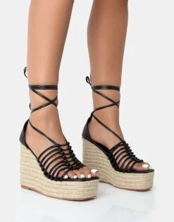 Public Desire Reece Pu Knot Strap Lace Up Raffia Wedge Heels In Black Pu For Women -Desirelic Store 208516025 4
