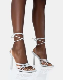 Public Desire Glow Up Pu Knotted Strappy Lace Up Square Toe Stiletto Heels In White Pu For Women -Desirelic Store 208516095 4