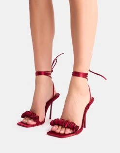 Public Desire Marisatin Rose Detail Lace Up Heels In Burgundy For Women