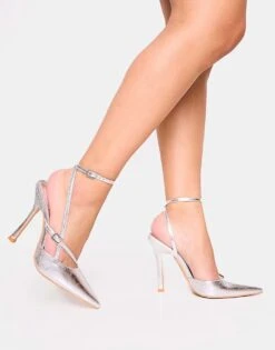 Public Desire Idol Cracked Buckle Strappy Detail Stiletto Court High Heels In Silver For Women -Desirelic Store 208516272 1 silver 1