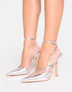 Public Desire Idol Cracked Buckle Strappy Detail Stiletto Court High Heels In Silver For Women -Desirelic Store 208516272 2