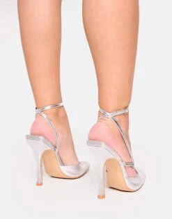 Public Desire Idol Cracked Buckle Strappy Detail Stiletto Court High Heels In Silver For Women -Desirelic Store 208516272 3