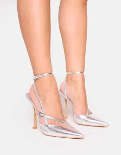Public Desire Idol Cracked Buckle Strappy Detail Stiletto Court High Heels In Silver For Women -Desirelic Store 208516272 4