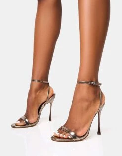 Public Desire Soho Metallic Barely There Strappy Stiletto Heels In Pewter Metallic For Women -Desirelic Store 208516518 2