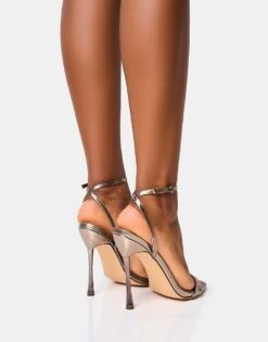 Public Desire Soho Metallic Barely There Strappy Stiletto Heels In Pewter Metallic For Women -Desirelic Store 208516518 3