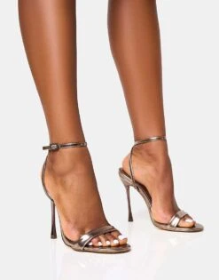 Public Desire Soho Metallic Barely There Strappy Stiletto Heels In Pewter Metallic For Women -Desirelic Store 208516518 4