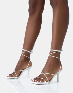 Public Desire Euphoria Pu Square Toe Lace Up Mid Heels In White Pu For Women -Desirelic Store 208516544 4