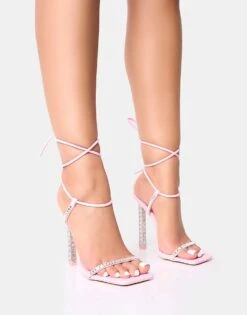Public Desire Babe Lace Up Square Toe Heeled Sandals In Pink For Women Pink Pu -Desirelic Store 208516644 4