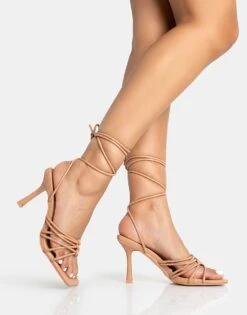 Public Desire Keri Pu Strappy Lace Up Mid Heels In Beige Pu For Women -Desirelic Store 208516658 1 beigepu 1
