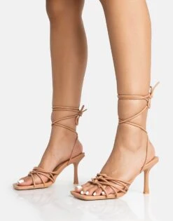 Public Desire Keri Pu Strappy Lace Up Mid Heels In Beige Pu For Women -Desirelic Store 208516658 2
