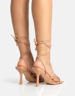 Public Desire Keri Pu Strappy Lace Up Mid Heels In Beige Pu For Women -Desirelic Store 208516658 3
