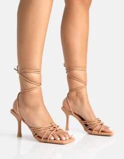 Public Desire Keri Pu Strappy Lace Up Mid Heels In Beige Pu For Women -Desirelic Store 208516658 4