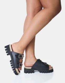 Public Desire Equinox Chunky Jute Detail Buckle Flatform Sandals In Black For Women -Desirelic Store 208516670 3