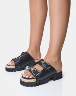 Public Desire Equinox Chunky Jute Detail Buckle Flatform Sandals In Black For Women -Desirelic Store 208516670 4