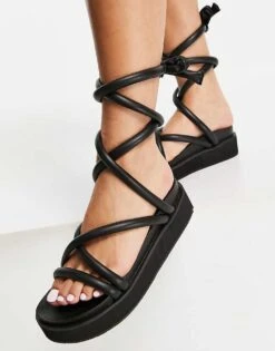 Public Desire Wide Fit Jolly Flatform Sandals With Padded Ankle Tie In Black For Women -Desirelic Store 23315070 4